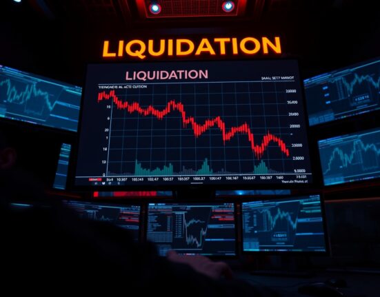Crypto futures liquidation chart on multiple monitors in a dimly lit trading environment.