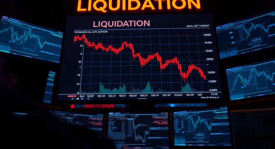 Crypto futures liquidation chart on multiple monitors in a dimly lit trading environment.
