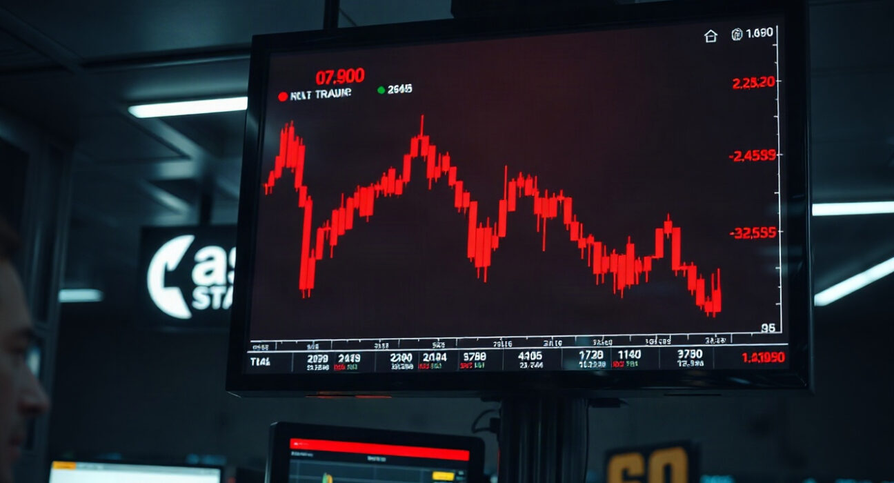 Crypto futures trading screen showing a sharp red candlestick chart amid market volatility
