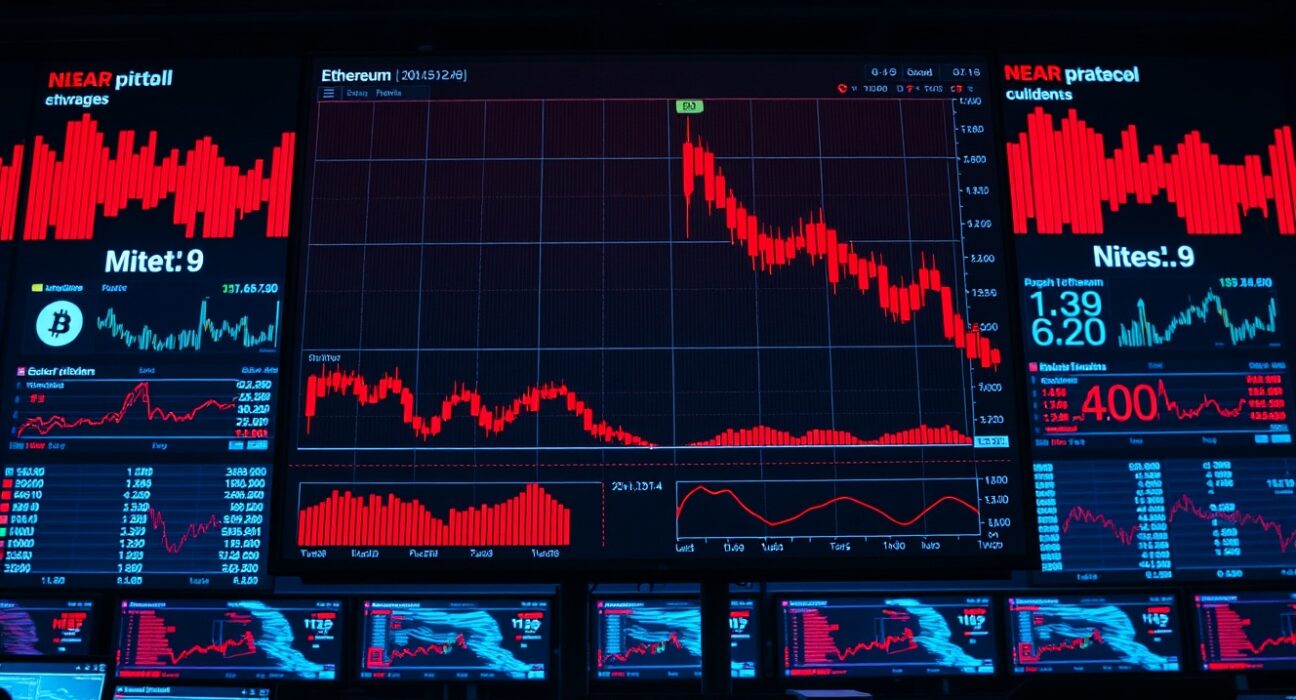 Trading dashboard showing crypto futures liquidation data with red charts and falling prices for Bitcoin, Ethereum, and NEAR Protocol.