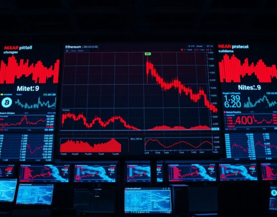 Trading dashboard showing crypto futures liquidation data with red charts and falling prices for Bitcoin, Ethereum, and NEAR Protocol.