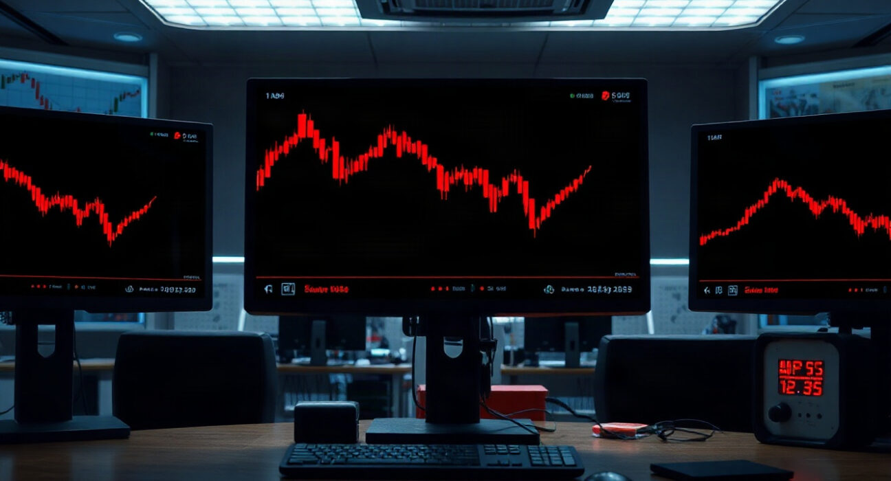 Trading desk with red candlestick charts showing market volatility and futures liquidations