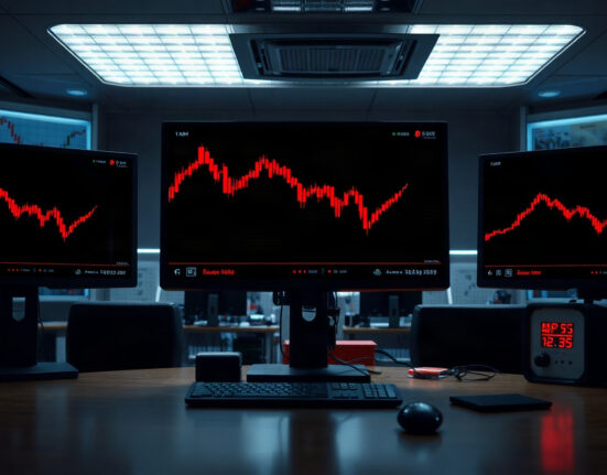 Trading desk with red candlestick charts showing market volatility and futures liquidations