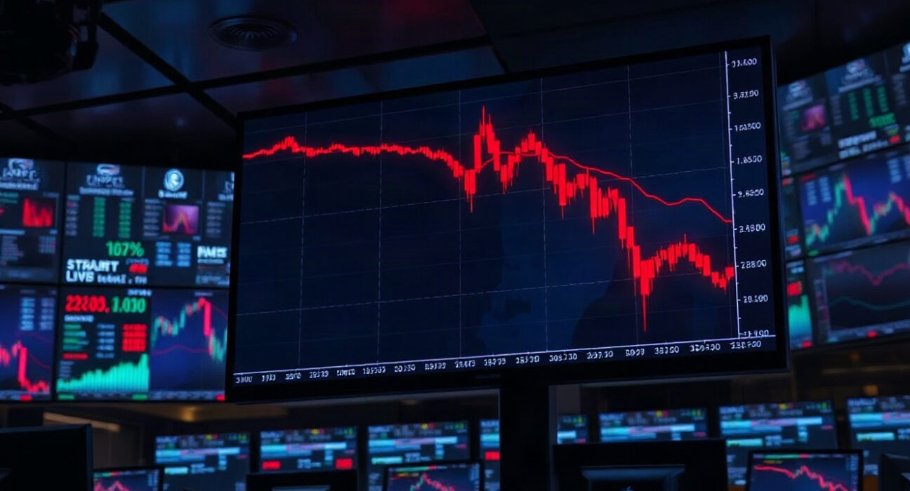 Trading screen showing sharp red candlestick chart amid crypto market volatility