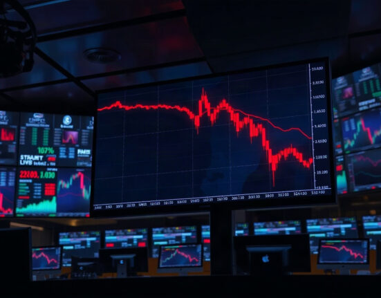 Trading screen showing sharp red candlestick chart amid crypto market volatility