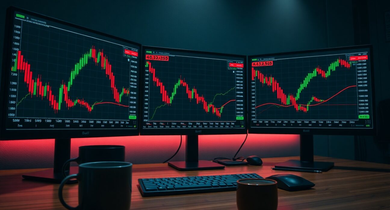 Trading desk monitors showing crypto futures liquidation data and bearish chart patterns