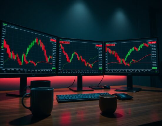 Trading desk monitors showing crypto futures liquidation data and bearish chart patterns