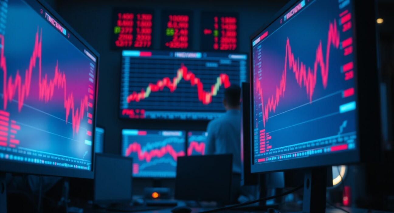 Trading desk monitors showing red candlestick charts indicating crypto market liquidation event