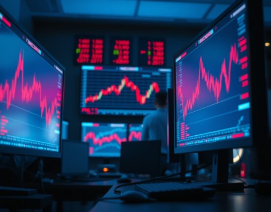 Trading desk monitors showing red candlestick charts indicating crypto market liquidation event