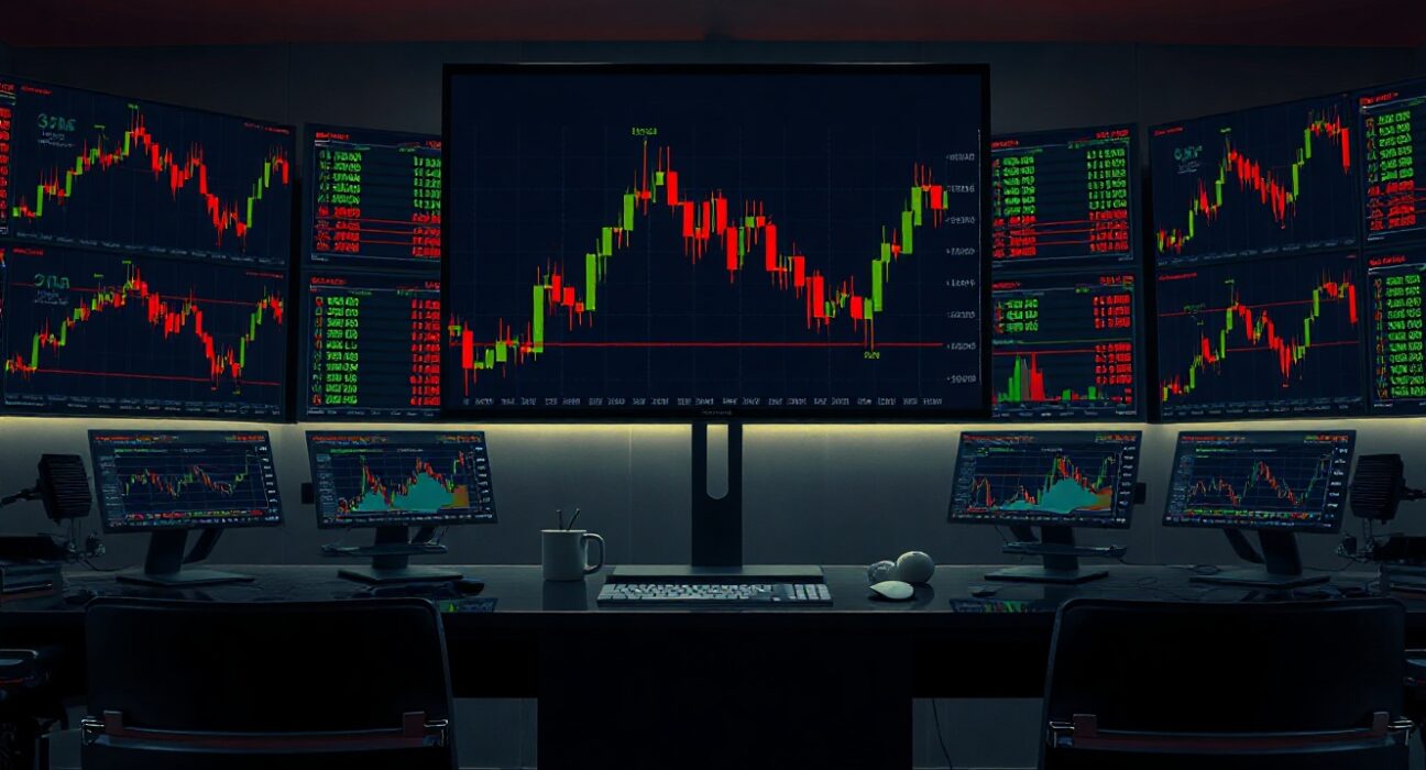 Trading monitors showing crypto chart with sharp price drop and liquidation data