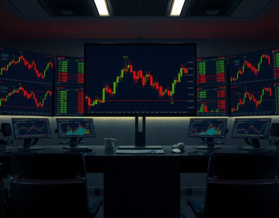 Trading monitors showing crypto chart with sharp price drop and liquidation data
