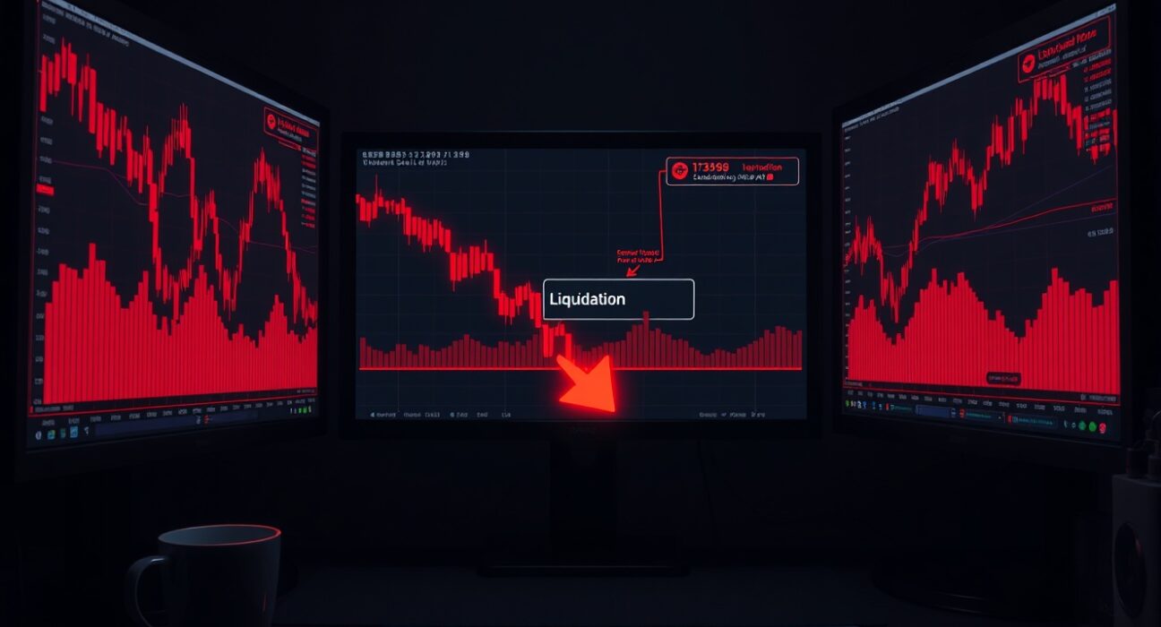 Red candlestick charts on multiple monitors at a dark trading desk showing liquidation data