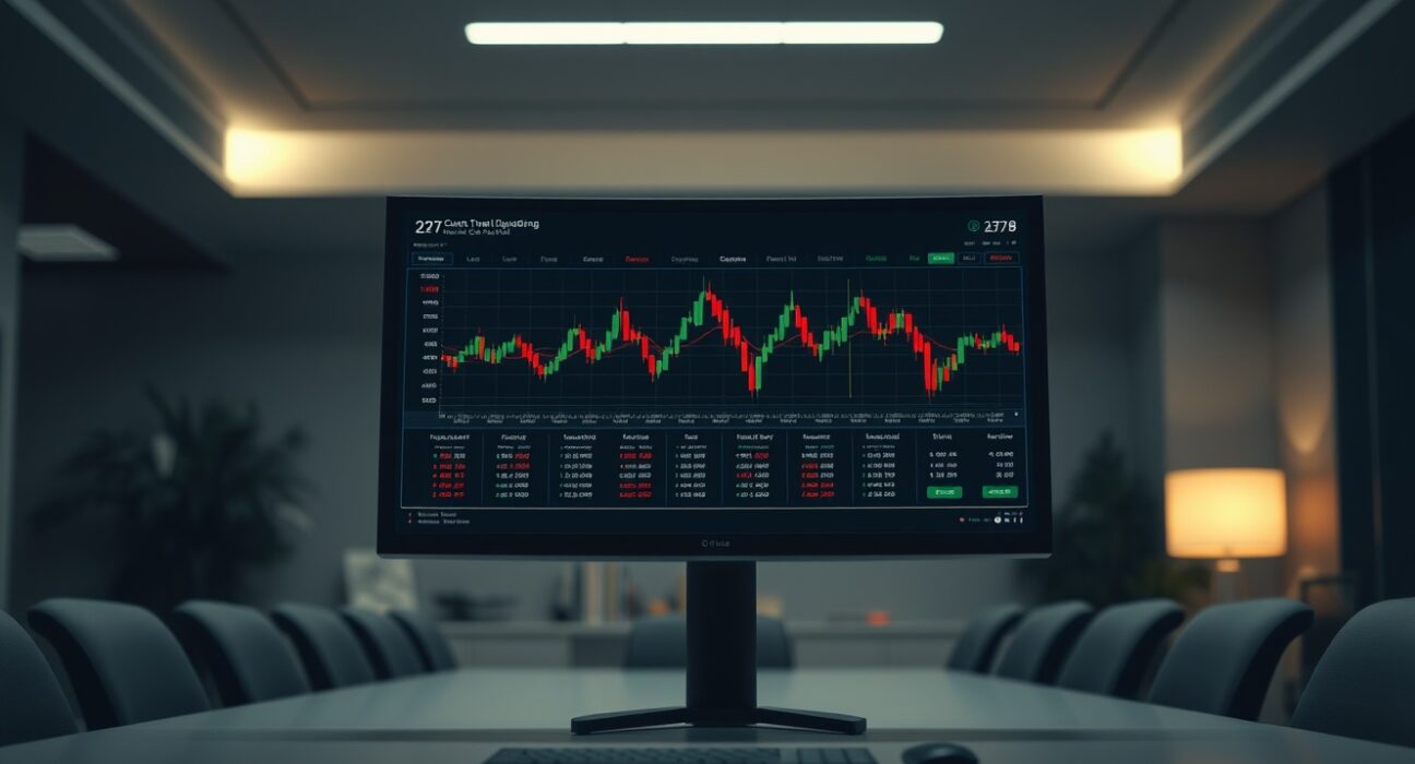 Cryptocurrency trading monitor showing liquidation charts and market data in a dimly lit office