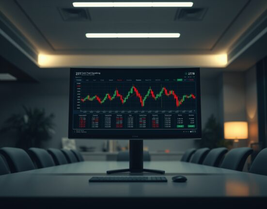 Cryptocurrency trading monitor showing liquidation charts and market data in a dimly lit office
