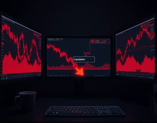 Red candlestick charts on multiple monitors at a dark trading desk showing liquidation data