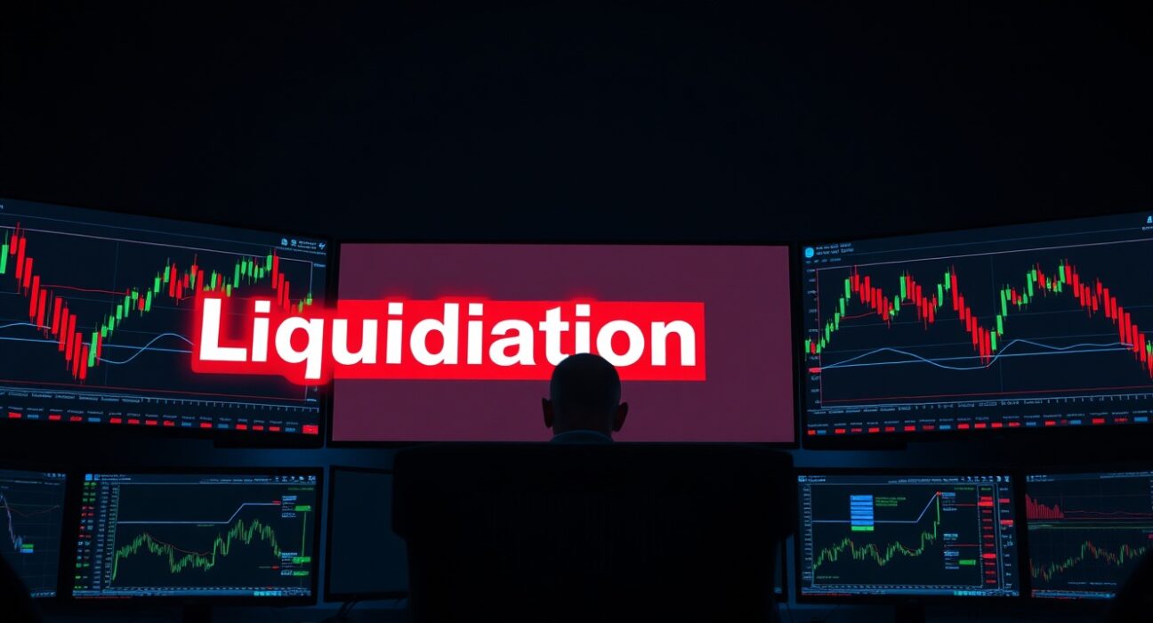 Crypto trading desk with monitors showing liquidation data and charts