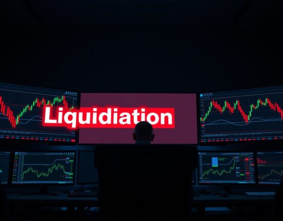 Crypto trading desk with monitors showing liquidation data and charts