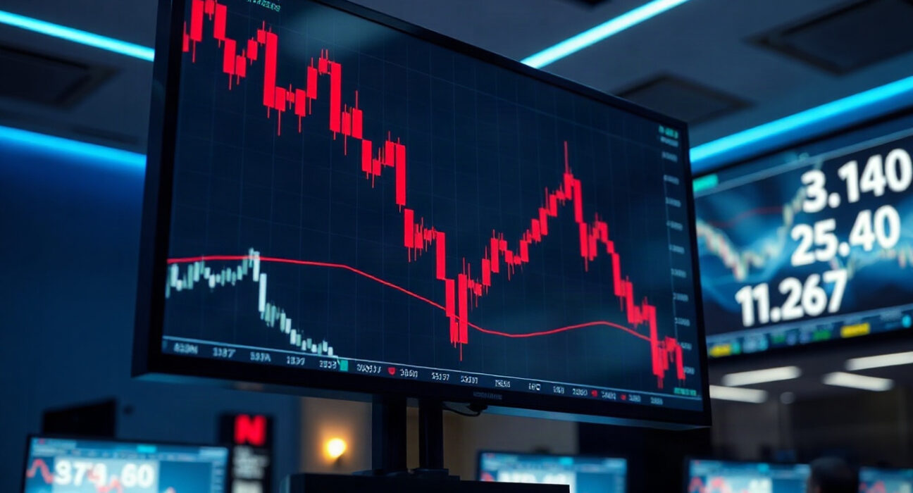Digital trading screen showing red candlestick chart indicating crypto futures liquidations