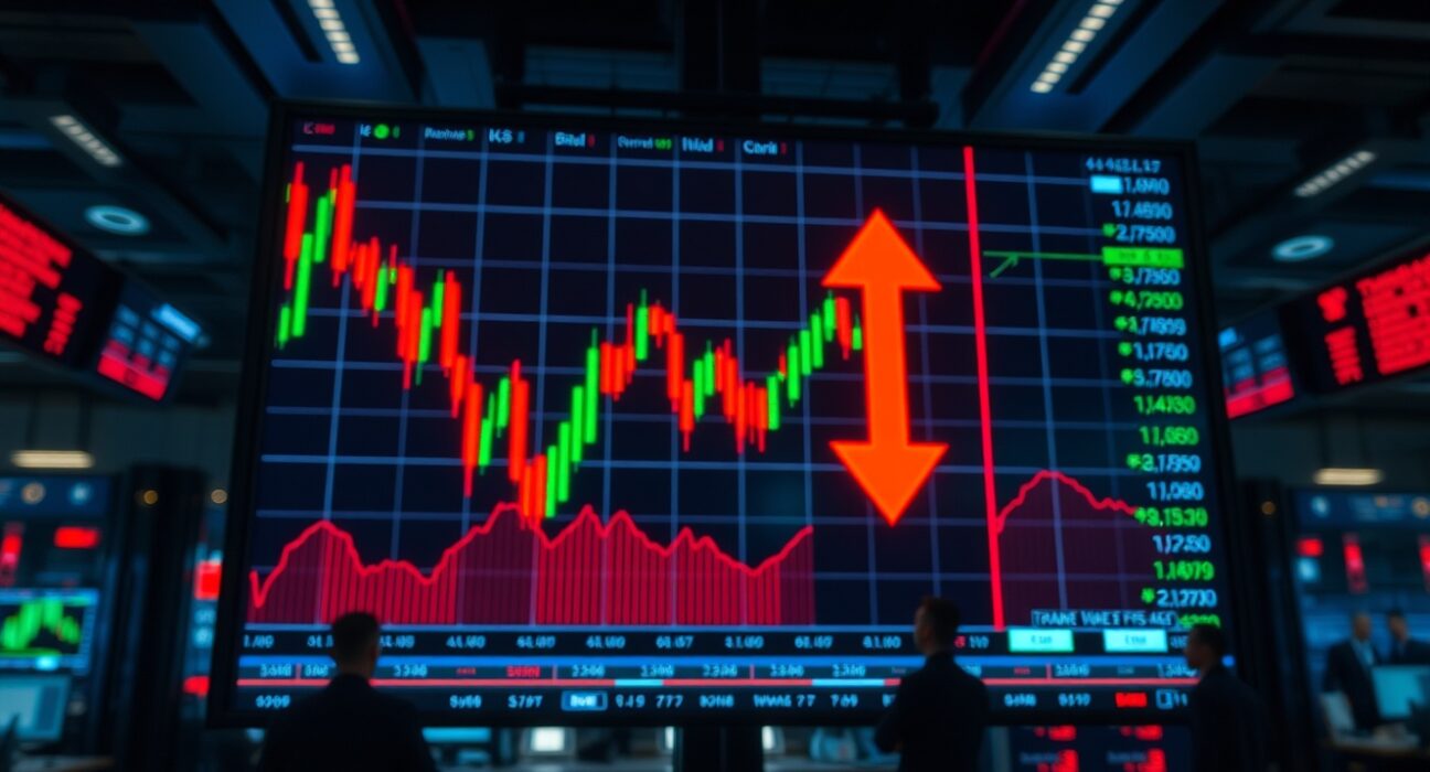 Digital trading screen showing red candlestick charts indicating crypto futures liquidations