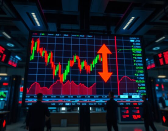 Digital trading screen showing red candlestick charts indicating crypto futures liquidations