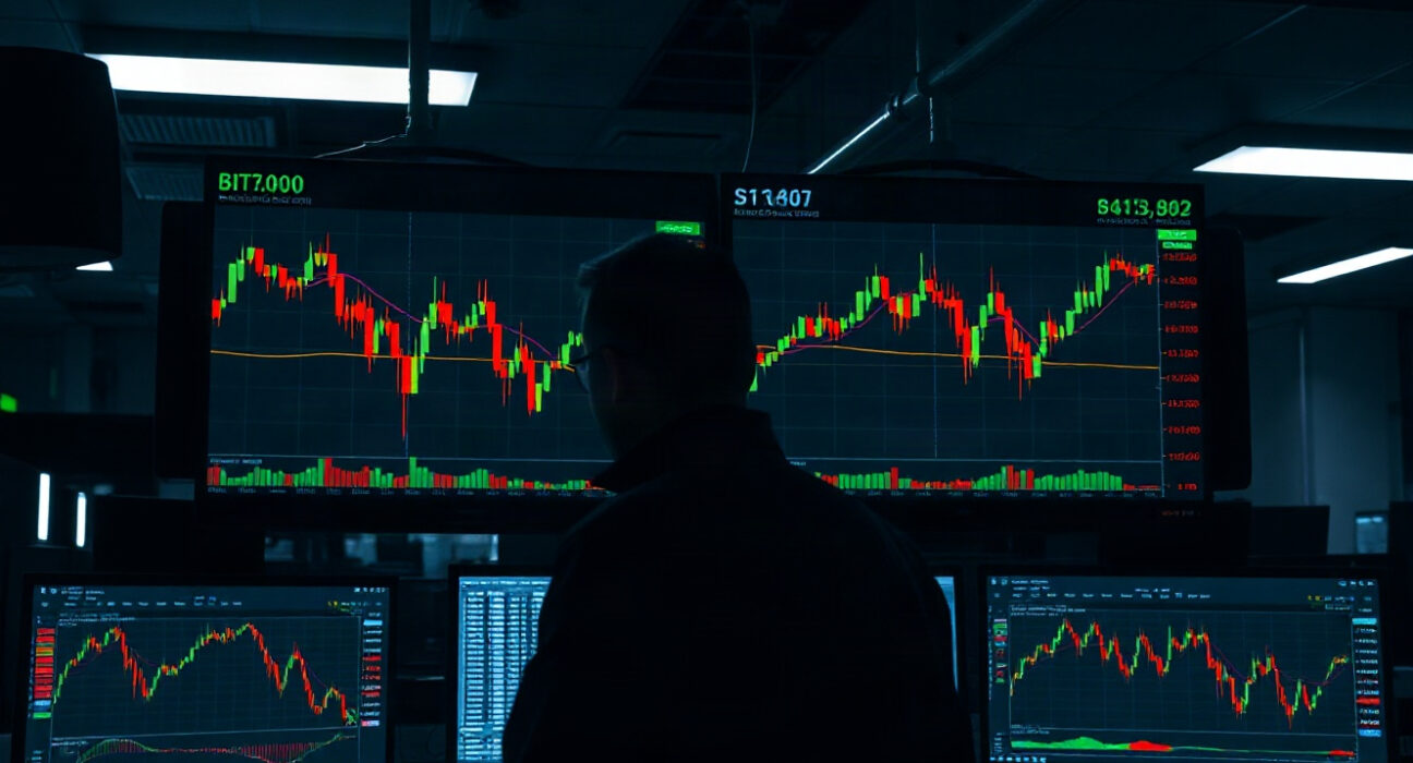 Trading monitors showing sharp price drops and liquidation data on a professional trading floor