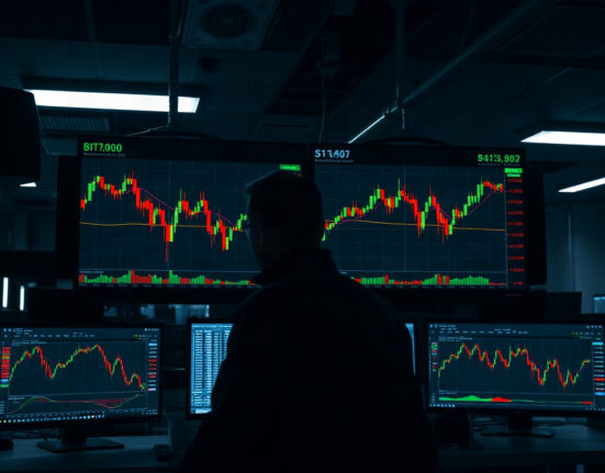 Trading monitors showing sharp price drops and liquidation data on a professional trading floor