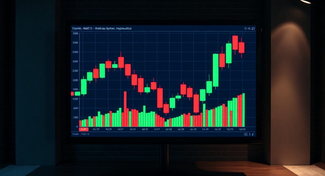 Digital trading screen showing candlestick charts with red and green candles
