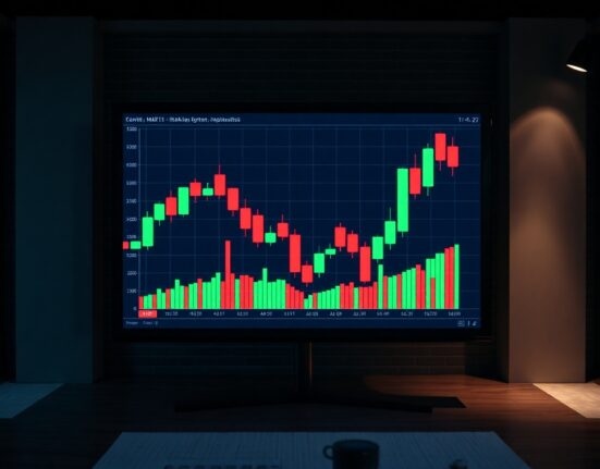 Digital trading screen showing candlestick charts with red and green candles