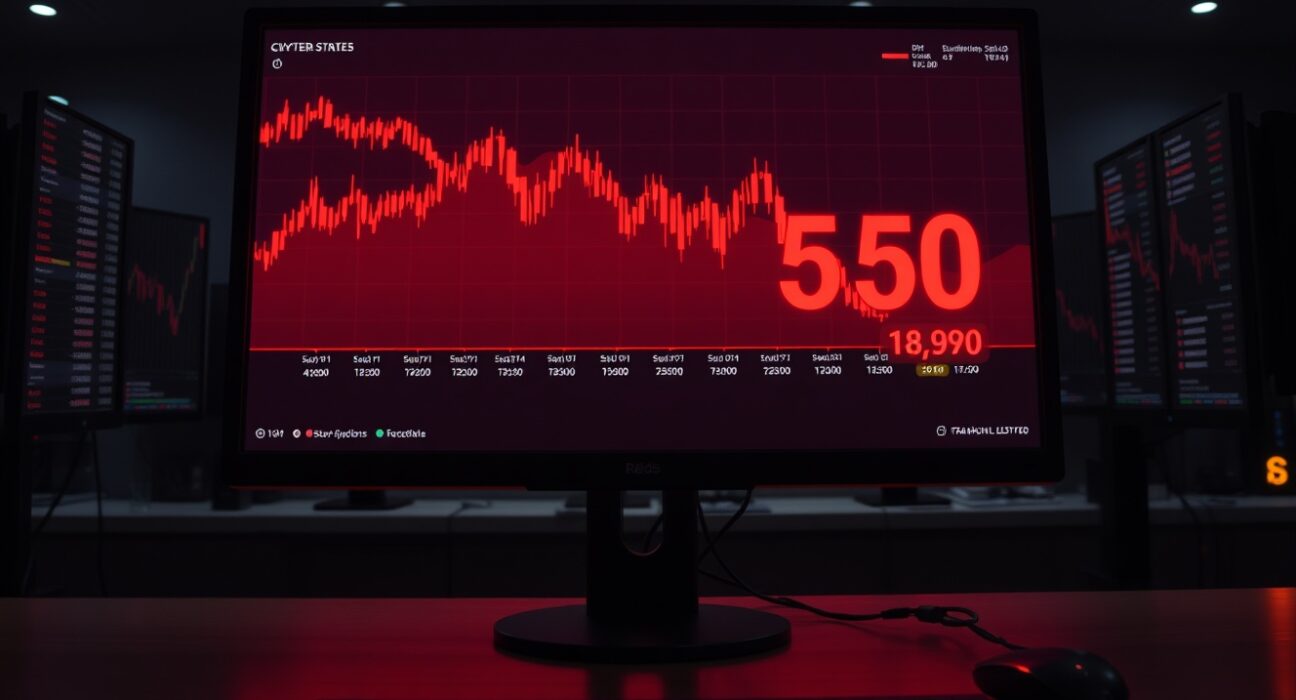 Cryptocurrency trading screen showing a red chart and large liquidation figures.