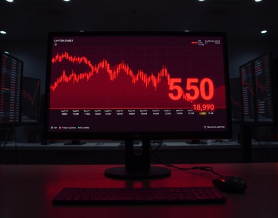 Cryptocurrency trading screen showing a red chart and large liquidation figures.