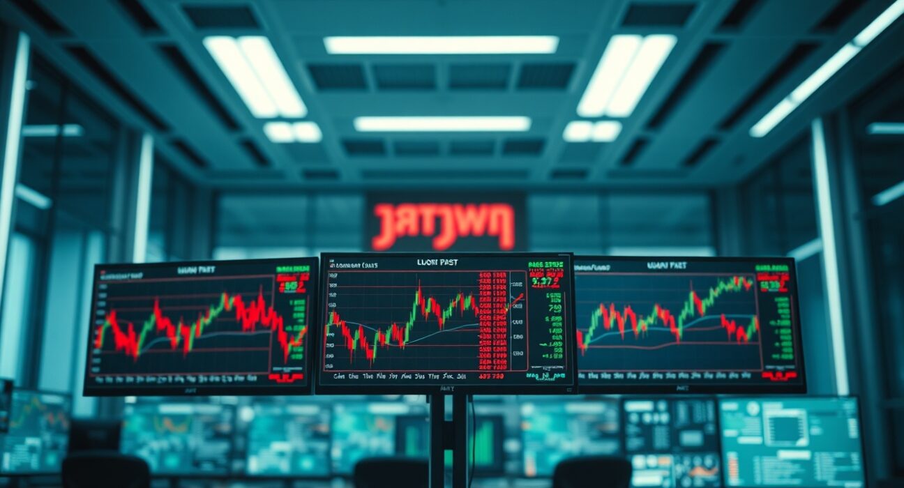 Trading desk monitors showing crypto futures liquidation data and charts