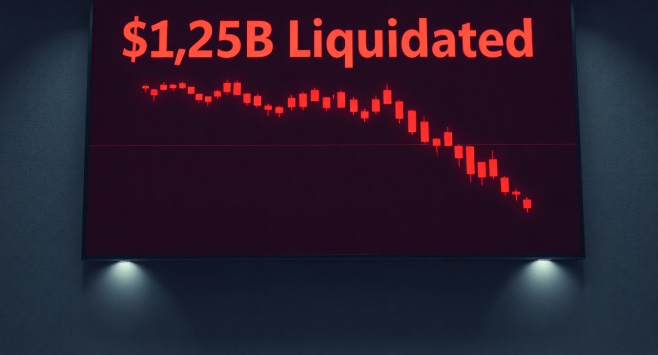 Digital screen showing $1.25 billion in crypto liquidations with red candlestick chart
