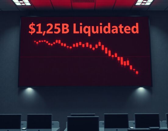 Digital screen showing $1.25 billion in crypto liquidations with red candlestick chart