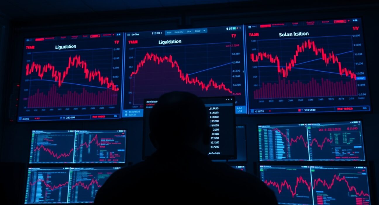 Trading dashboard showing crypto futures liquidation data for Bitcoin, Ethereum, and Solana.