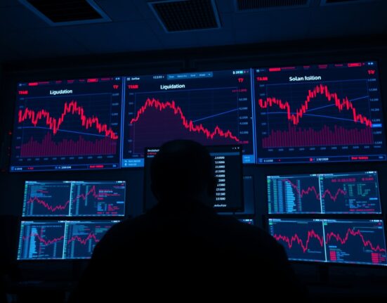 Trading dashboard showing crypto futures liquidation data for Bitcoin, Ethereum, and Solana.
