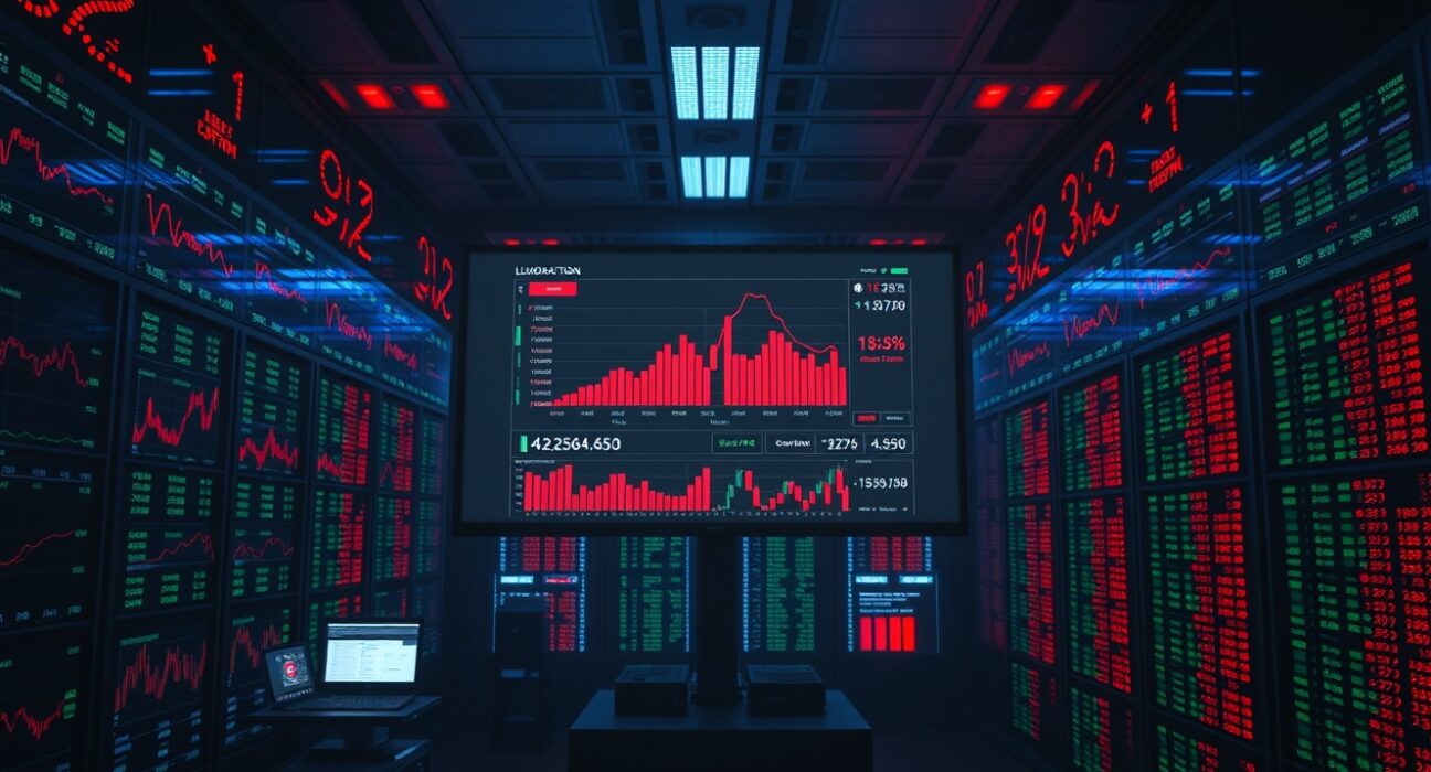 Dark trading room with screens showing crypto futures liquidation data