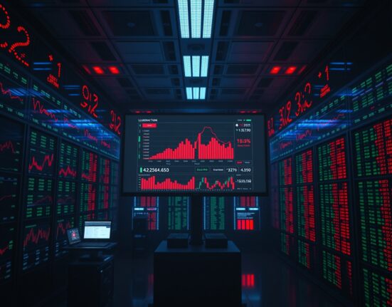 Dark trading room with screens showing crypto futures liquidation data