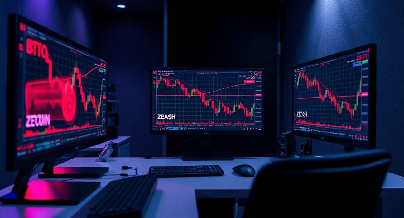 Trading desk monitors showing cryptocurrency liquidation data for BTC, ETH, and ZEC futures