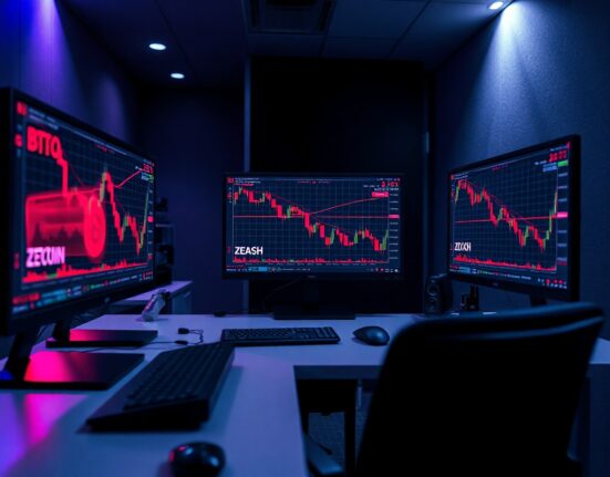 Trading desk monitors showing cryptocurrency liquidation data for BTC, ETH, and ZEC futures
