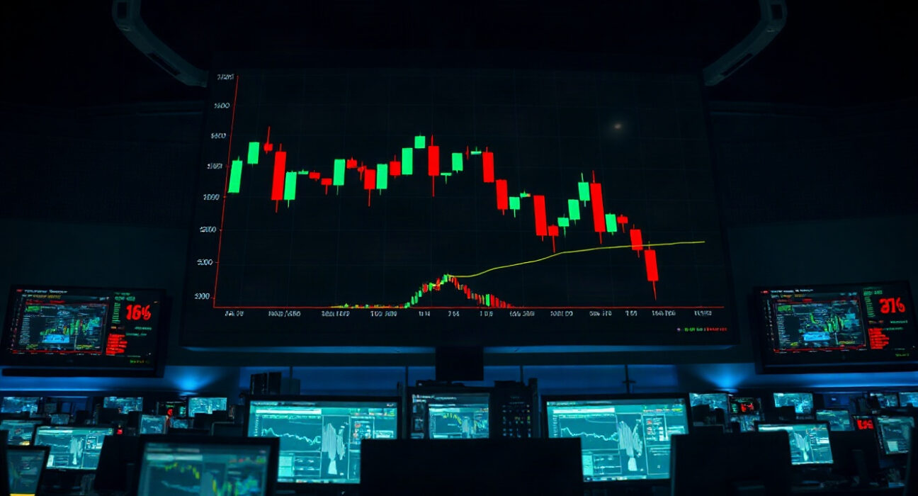 Crypto futures liquidation chart showing sharp red candlesticks on a trading screen