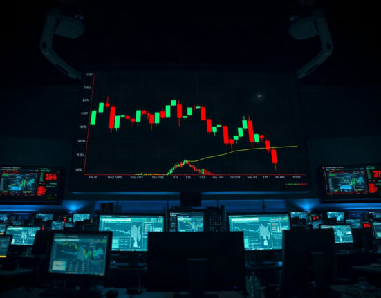 Crypto futures liquidation chart showing sharp red candlesticks on a trading screen
