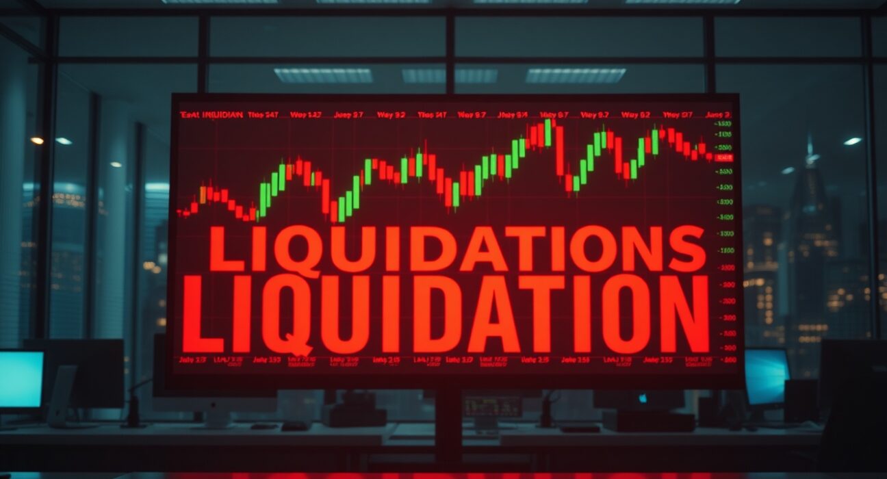 Digital trading display showing crypto liquidation data in a modern office