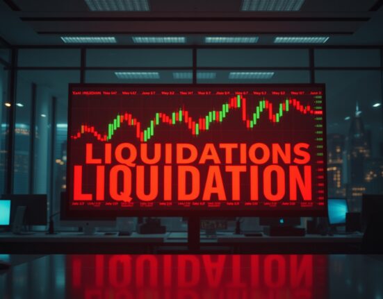 Digital trading display showing crypto liquidation data in a modern office
