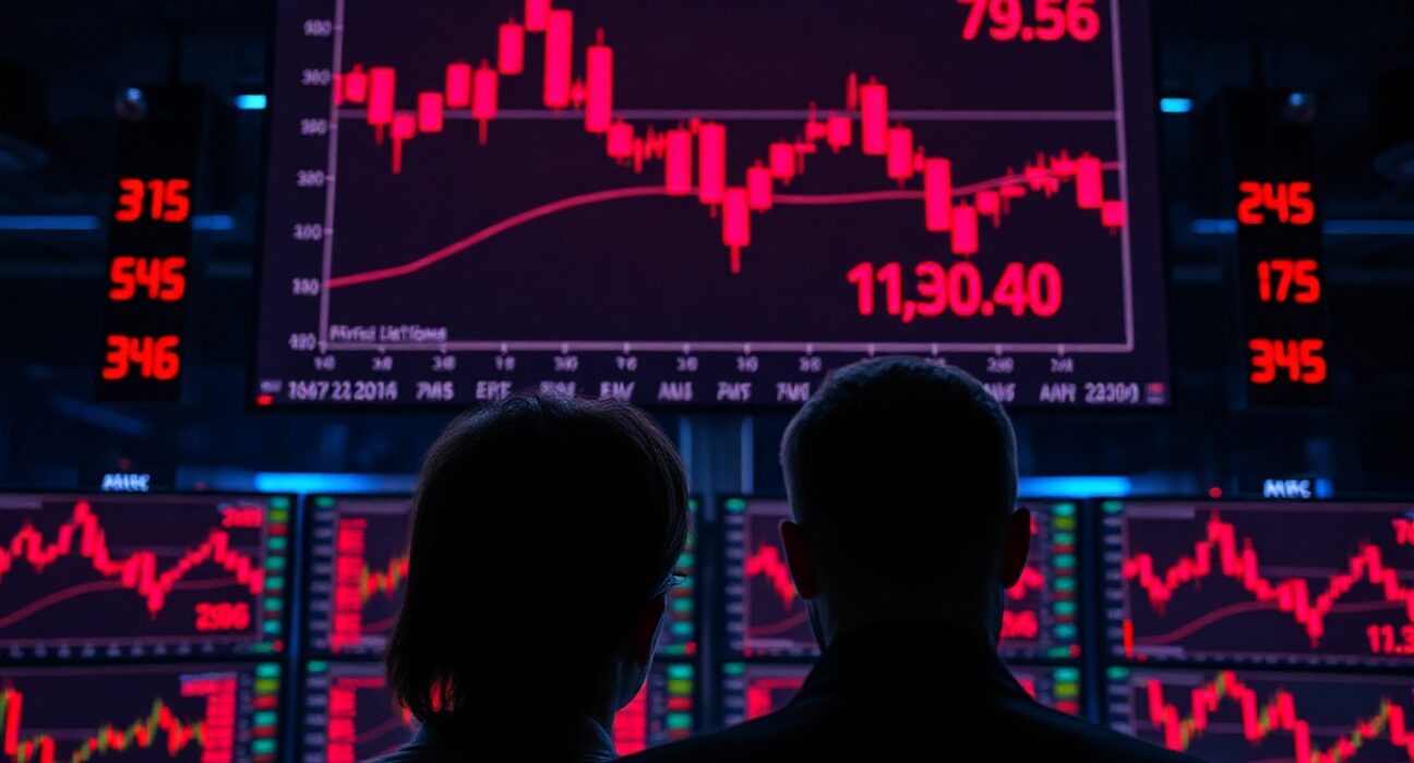 Traders watching a red crypto futures liquidation screen in a dimly lit trading room