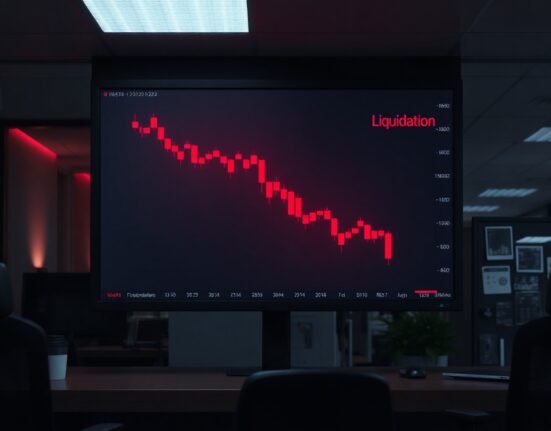 Traders watching a red crypto futures liquidation screen in a dimly lit trading room
