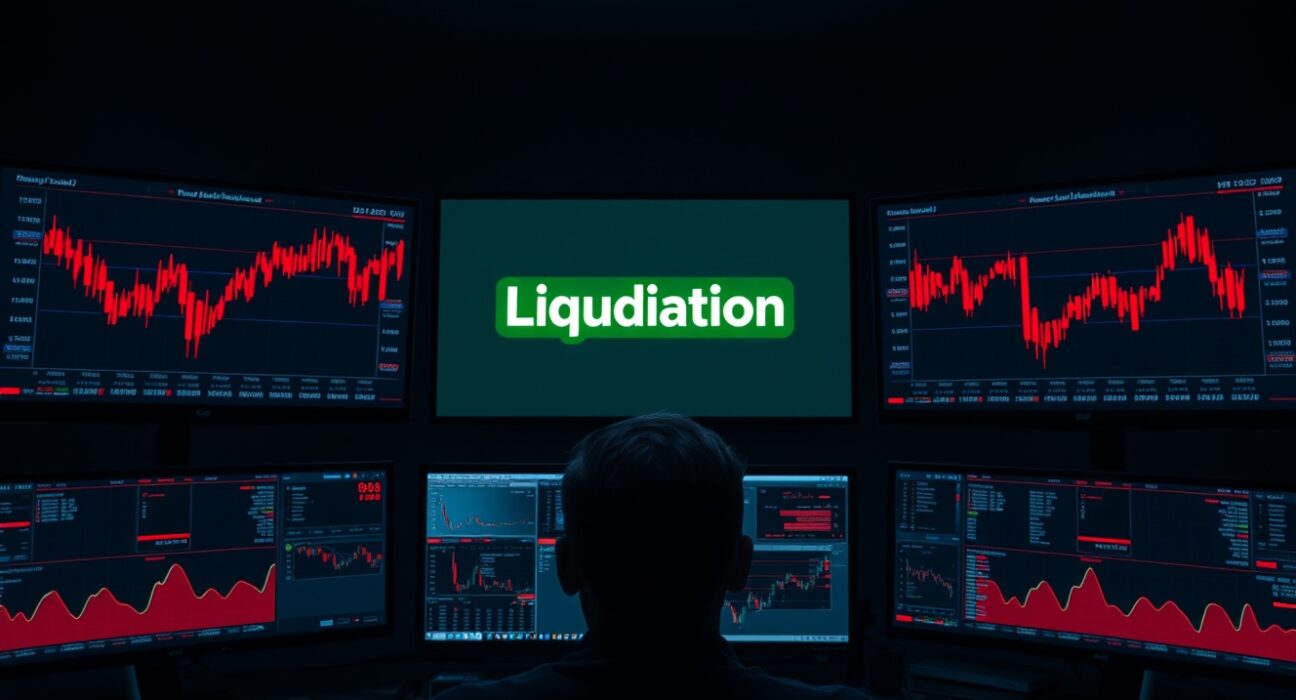 Trader observing red candlestick charts and liquidation warnings on multiple monitors in a dark trading room