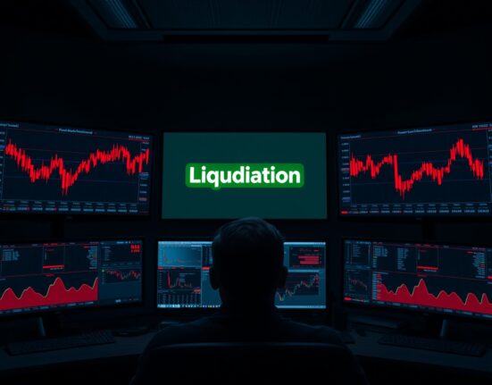Trader observing red candlestick charts and liquidation warnings on multiple monitors in a dark trading room
