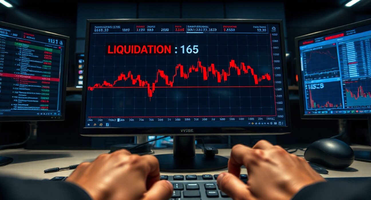 Crypto trading screen showing red liquidation alerts and falling chart lines.