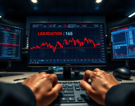 Crypto trading screen showing red liquidation alerts and falling chart lines.
