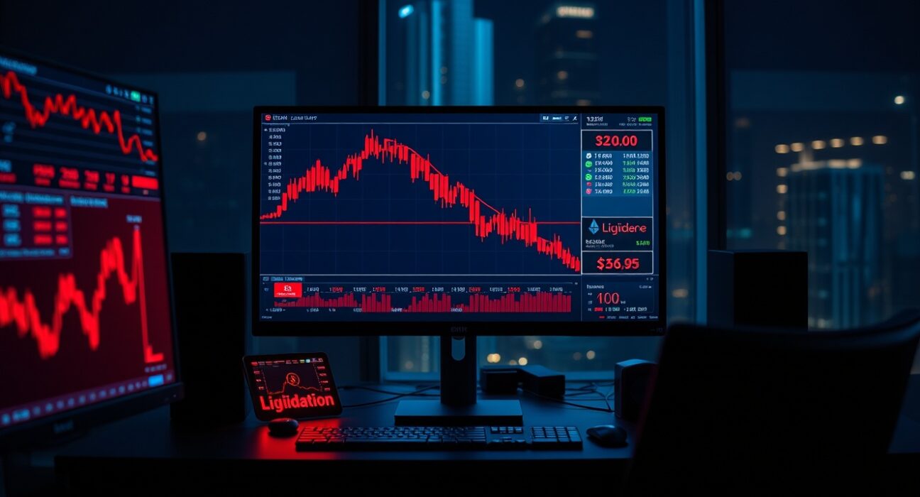 Trading desk monitors showing red Bitcoin and Ethereum liquidation charts during a market correction.